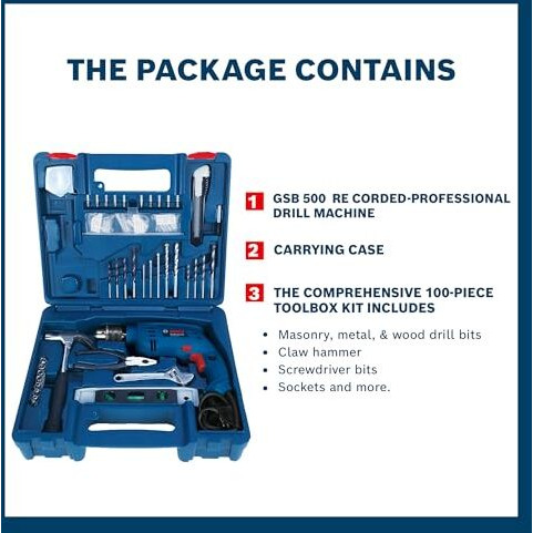 Bosch Professional Gsb 500 Re Corded-Electric Drill Tool Set | 500 W Motor | 100-Piece Tools Box Kit | Speed Range Upto 2600 Rpm | Impact Rate Upto 41600 Bpm | Chuck Capacity Of 10 Mm | 1 Yr Warranty