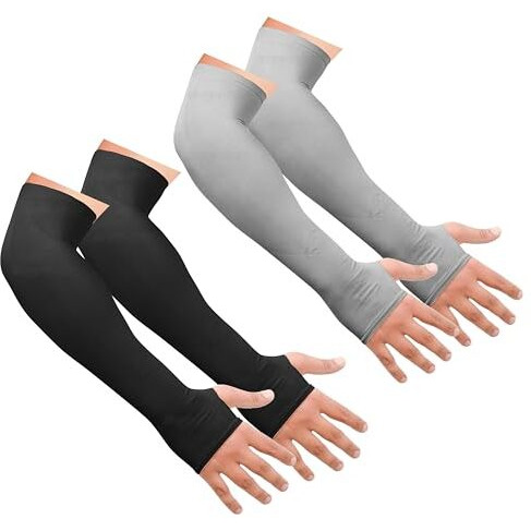 Snmmifer Uv Protection Arm Sleeves With Thumb Holes, Nylon Sun Protection Hand Cover For Running And Cycling, Unisex (2 Pair-Black And Grey)