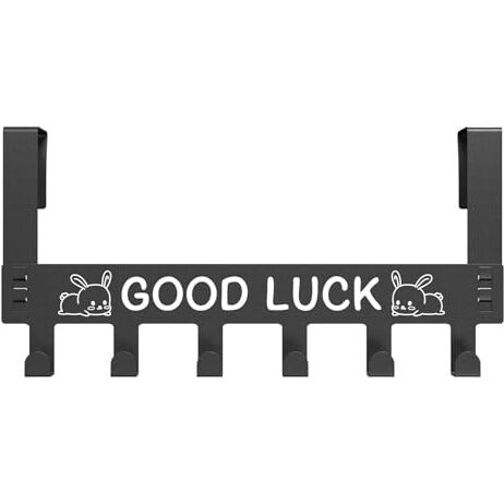 Misamo Enterprise Over Door Hook Rack With 'Good Luck' Design, 6 Hooks, Black Metal Hanger For Clothes, Towels And Accessories, No-Drill Installation (Set Of 1)