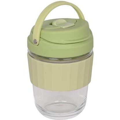Metrowave Glass Coffee Sipper Mug With Lid | For Hot And Cold, Tea, Juice, Detox Water, Travel Mug With Leakproof Cover, Office Coffee Cup (Green, 340 Ml)
