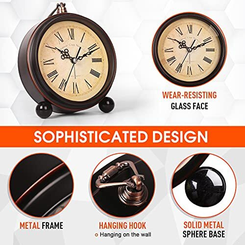 Kadio Plastic Battery Alarm Clock,Night Light,Vintage Hangable Super Silent Non Ticking Analog Clock For Bedroom, 10 Cm X 10 Cm,Black