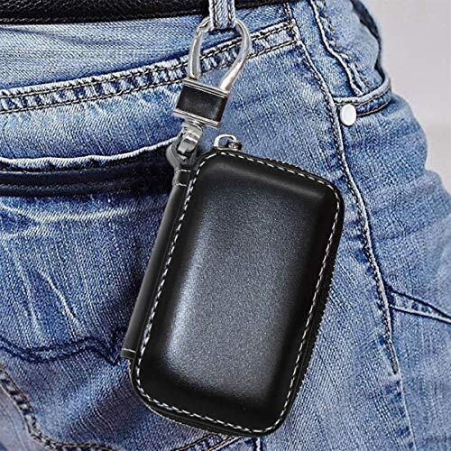 Anzailala Car Key Case,Genuine Leather Car Smart Key Chain Keychain Holder Metal Hook And Keyring Zipper Bag For Remote Key Fob | Black