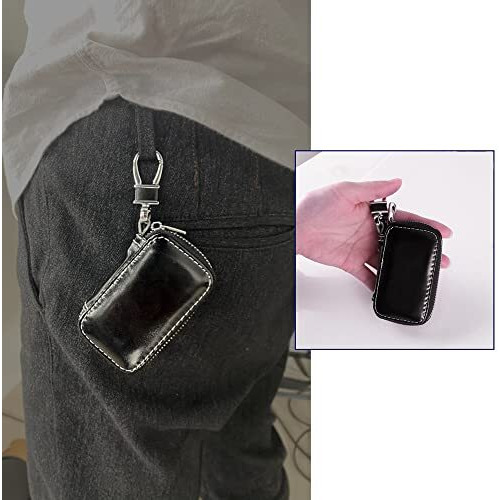 Anzailala Car Key Case,Genuine Leather Car Smart Key Chain Keychain Holder Metal Hook And Keyring Zipper Bag For Remote Key Fob | Black