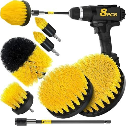 Power Drill Scrubber Brush Cleaning Kit 8 Pcs - All Purpose Brush For Bathroom Surfaces, Grout, Floor, Tub, Shower, Tile, Corners, Kitchen, Grill - Fits Most Drills Without Drill Machine