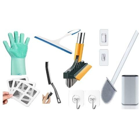 Jaytop 10 Pcs Bathroom Cleaning Kit |2In1 Bathroom Brush And Wiper |Toilet Brush With Holder |Gap Cleaning Brush |Silicon Glove |Small Wiper |3Pcs Hair Catcher Shower Drain Sticker |2Pcs Pvc Wall Hook