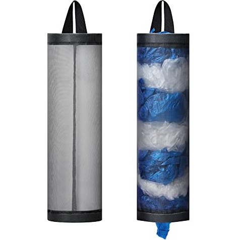 Linevi Bag Holder For Plastic Bags, 2 Pcs Polyester Grocery Bag Holder Plastic Dispenser Foldable Breathable Washable Hanging Mesh Garbage Bag Organizer For Kitchen Plastic Bag Storage (Gray)