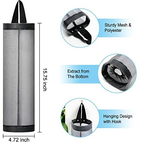Linevi Bag Holder For Plastic Bags, 2 Pcs Polyester Grocery Bag Holder Plastic Dispenser Foldable Breathable Washable Hanging Mesh Garbage Bag Organizer For Kitchen Plastic Bag Storage (Gray)