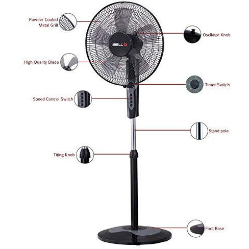 Ibell Chrome10 5 Leaf Pedestal Fan With Timer. High Speed Motor - Black