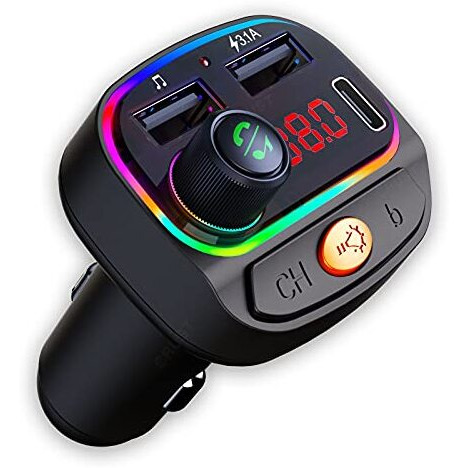 Crust Cs30 Car Bluetooth Device [Upgraded Bt V5.3] With Call Receiver, Fm Transmitter For Music System & Dual Usb + Type C Charger 7 Colour Led Lights 6 Eq Presets Usb Mp3 Support Voice Assistant