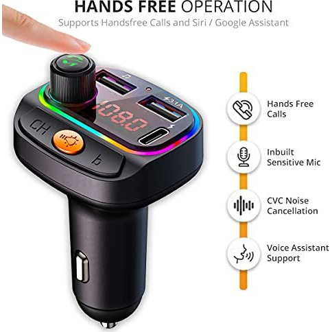 Crust Cs30 Car Bluetooth Device [Upgraded Bt V5.3] With Call Receiver, Fm Transmitter For Music System & Dual Usb + Type C Charger 7 Colour Led Lights 6 Eq Presets Usb Mp3 Support Voice Assistant
