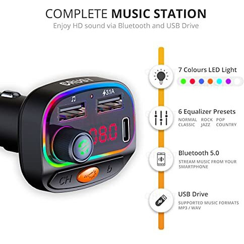 Crust Cs30 Car Bluetooth Device [Upgraded Bt V5.3] With Call Receiver, Fm Transmitter For Music System & Dual Usb + Type C Charger 7 Colour Led Lights 6 Eq Presets Usb Mp3 Support Voice Assistant