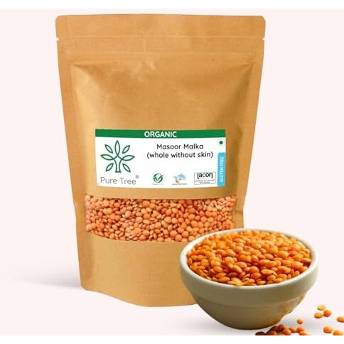 Pure Tree Certified Organic Malka Masoor Dal Without Skin | 1.8 Kg / 1800 G | Vegan | Gluten-Free Maasur Daal | Red Lentil Whole | Lal Masoor Dal For Khichdi, Dal & Curries