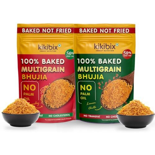 Kikibix Assorted Baked Multigrain Bhujia Namkeen Combo Pack, Indian Masala & Lemon Chilli Healthy & Tasty Snacks, Low Fat & Low Calorie For Diabetics, No Palm Oil,100% Baked Bhujiya Pack Of 2