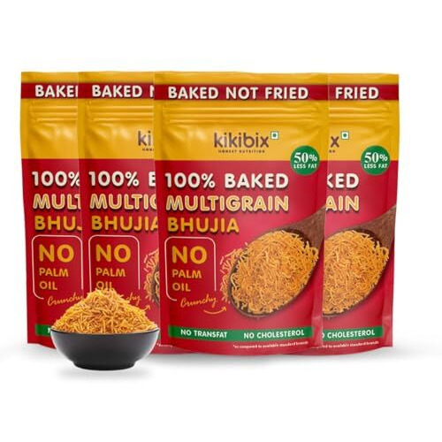 Kikibix 100% Baked Multigrain Bhujia Namkeen, Healthy Snacks For Adults & Kids, Low Fat, Low Calories, High Protein Bhujiya Diet Mixture For Diabetics- No Palm Oil, Baked Not Fried - Pack Of 4