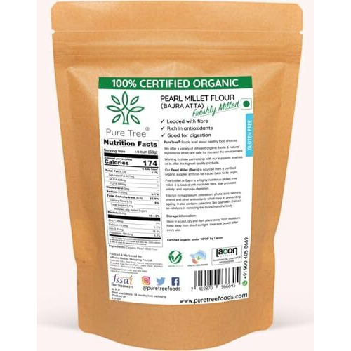 Pure Tree Certified Organic Bajra Flour Freshly Milled | 1.8 Kg / 1800 G | Bajra Atta | Gluten-Free Pearl Millet Organic Flour | Bajre Ka Atta | Millet Atta | Kambu Flour
