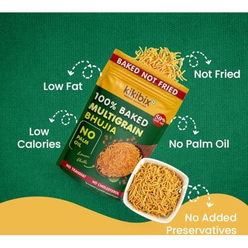Kikibix Assorted Baked Multigrain Bhujia Namkeen Combon Pack, Indian Masala & Lemon Chilli Healthy & Tasty Snacks, Low Fat & Low Calorie For Diabetics, No Palm Oil,100% Baked Bhujiya Pack Of 4