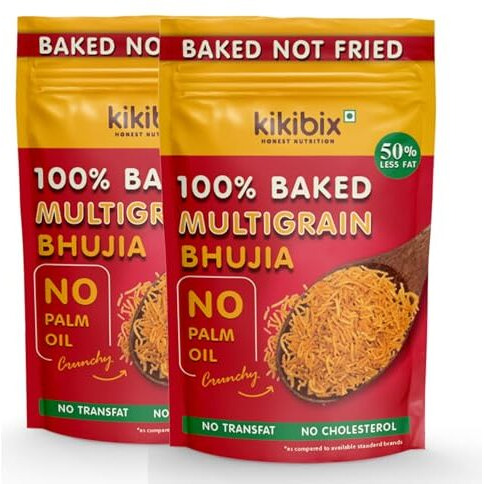 Kikibix 100% Baked Multigrain Bhujia Namkeen, Healthy Snacks For Adults & Kids, Low Fat, Low Calories, High Protein Bhujiya Diet Mixture For Diabetics- No Palm Oil, Baked Not Fried - Pack Of 2