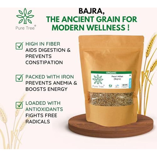 Pure Tree Certified Organic Bajra Millet | 1.8 Kg / 1800 G | Pearl Millet | Bajri/Sajje/Kambu/Pindi/Sajjalu | Gluten-Free | Rich In Antioxidants And Fiber | Millets Whole Grains