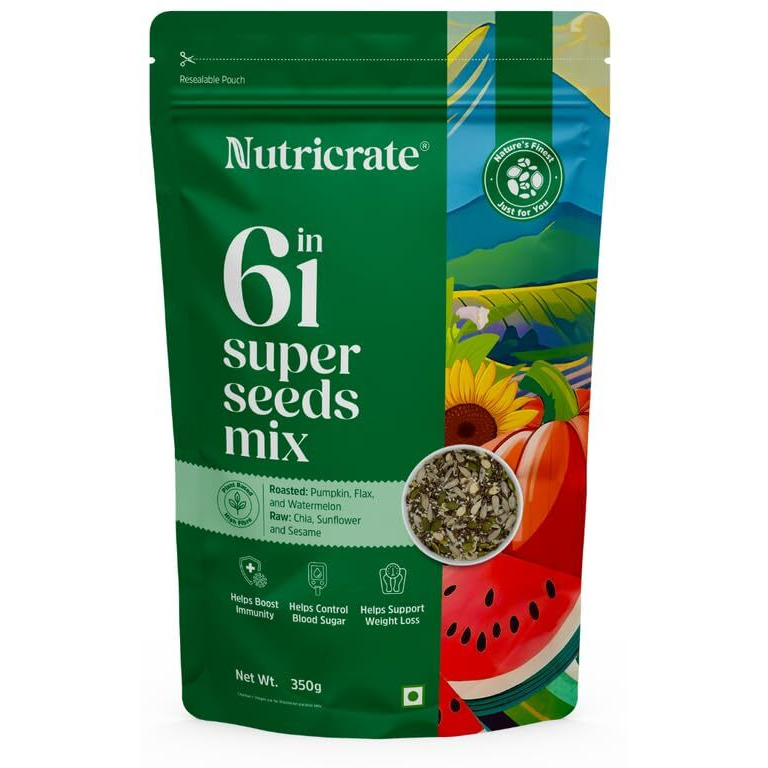 Nutricrate 6 In 1 Super Seeds Mix For Eating (350G) Protein Rich Healthy Diet Snack For Weight Management | 6 In 1 Mixed Roasted Seeds- Chia, Pumpkin, Watermelon, Flax, Sesame & Sunflower Seeds