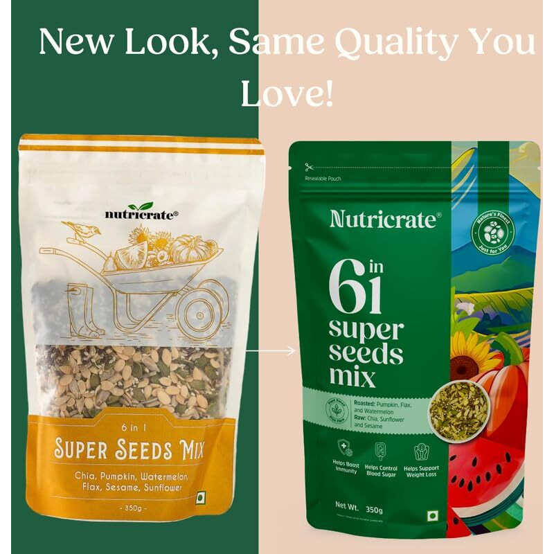 Nutricrate 6 In 1 Super Seeds Mix For Eating (350G) Protein Rich Healthy Diet Snack For Weight Management | 6 In 1 Mixed Roasted Seeds- Chia, Pumpkin, Watermelon, Flax, Sesame & Sunflower Seeds