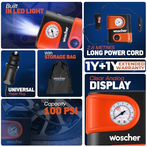 Woscherr Tyre Inflator For Car - 110 Psi, 12V Dc Portable Air Pump/Compressor With Analog Tyre Pressure Gauge, For Car, Bikes, Bicycles Or Any Inflatable With Led Light| 2 Years Warranty