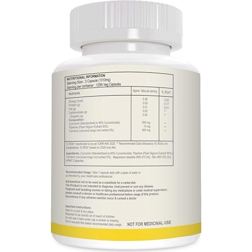 Eternalhealth Curcumin High Absorption Double Strength Supplement With Piperine (Ultra Pure) 95% Curcuminoids For Joint Support - 120 Vegetable Capsules