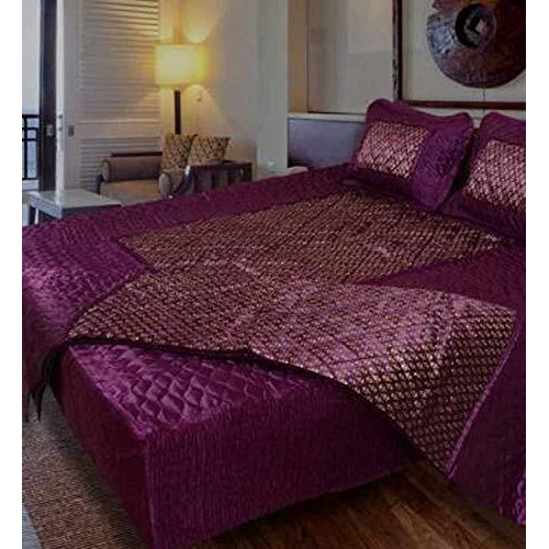 Manavrachit Satin Gold Printed 310 Tc Wedding Bedding Set (Bedsheet With 2 Pillow Covers & 1 Ac Comforter) For Home & Living Room(Set Of 4Pc, Butti Print)(Falsa/Purple)