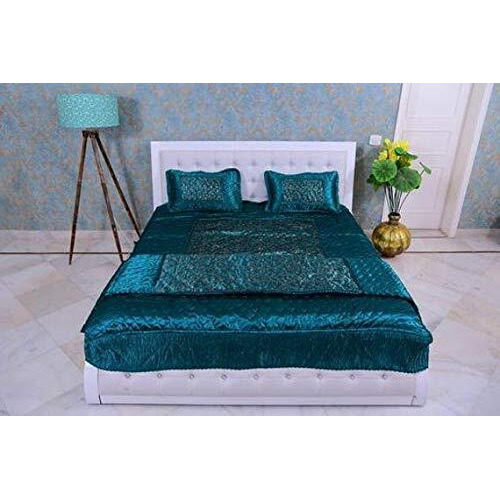 Manavrachit 310 Tc Rajasthani Luxury Gold Printed King Size Satin Wedding Bedding Set (Set Of 4 Pieces) For Home, Hotels, Guest House, Pgs & Living Room- Rama Green