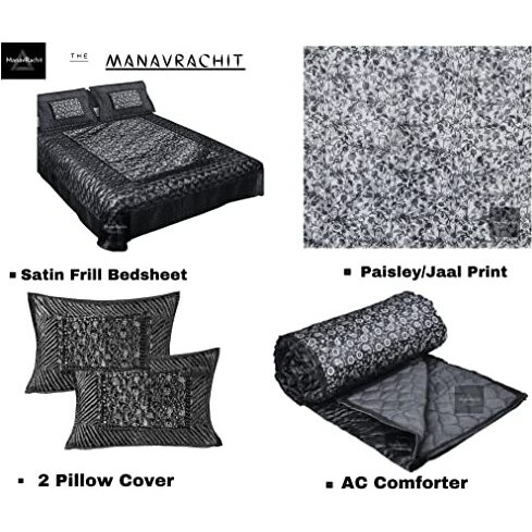 Manavrachit 310 Tc Satin Luxury Gold Printed Quilted Microfibre King Size Wedding Bedding Bedsheet Set, Set Of 4 Pieces For Home & Living Room (Pink Jaal)