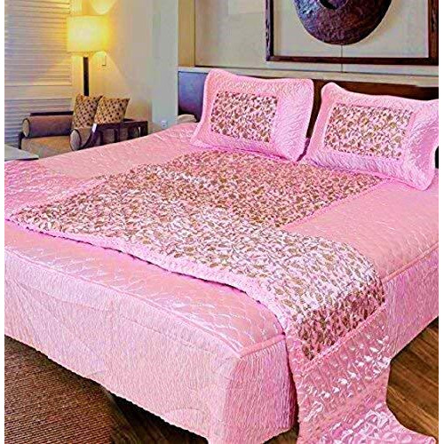 Manavrachit 310 Tc Satin Luxury Gold Printed Quilted Microfibre King Size Wedding Bedding Bedsheet Set, Set Of 4 Pieces For Home & Living Room (Pink Jaal)