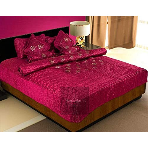 Manavrachit Satin Gold Printed 310 Tc Double Bed Wedding Bedding Set - 8 Pieces - Red - For Home & Living Room - Hathi Print, Red Hathi