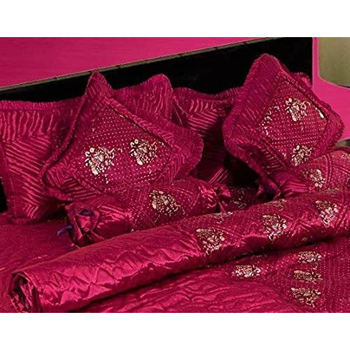Manavrachit Satin Gold Printed 310 Tc Double Bed Wedding Bedding Set - 8 Pieces - Red - For Home & Living Room - Hathi Print, Red Hathi