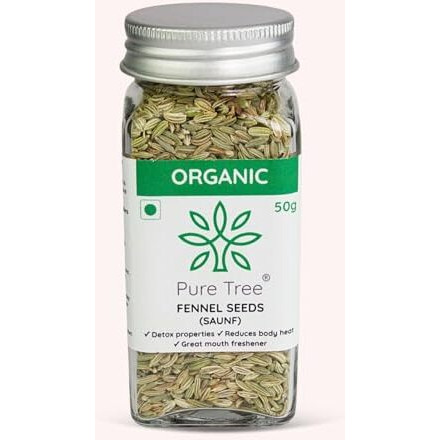 Pure Tree Certified Organic Fennel Seeds | 50 Gm | Glass Jar | Saunf, Variyali | Perumjeerakam Whole Spices Sombu Whole | Fennel Seeds Saunf | Organic Saunf Rich Flavour Sombu