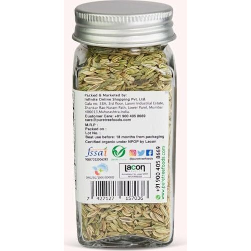 Pure Tree Certified Organic Fennel Seeds | 50 Gm | Glass Jar | Saunf, Variyali | Perumjeerakam Whole Spices Sombu Whole | Fennel Seeds Saunf | Organic Saunf Rich Flavour Sombu