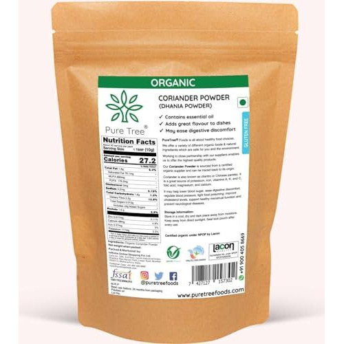 Pure Tree Certified Organic Dhania Powder | 250 G | Coriander Powder | Kothimeera Powder | Whole Spices | Hara Dhaniya Powder Curry Powder | Organic Coriander Powder
