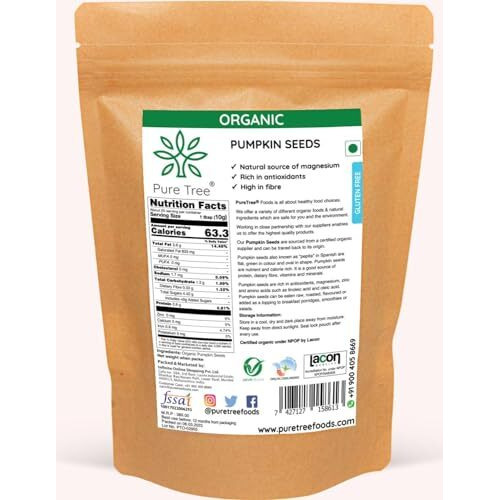 Pure Tree Certified Organic Pumpkin Seeds | 250 G | Kaddu Ke Beej | Organic Seeds For Eating Good Source Of Omega 3 | Raw Pumpkin Seeds Superfood
