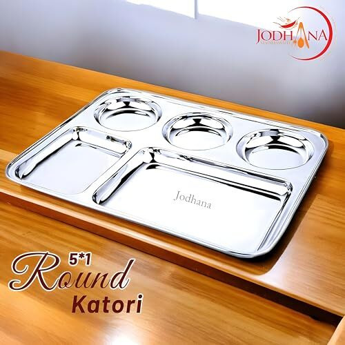 Slynuss | Stainless Steel Thali Set - 22G Heavy Partition Plates, 5-In-1 Dinner Plate, Round Multi Partiton Plate, Multi-Section Thali Plate For Lunch & Dinner, Durable And Rust Free -13X10 Inch