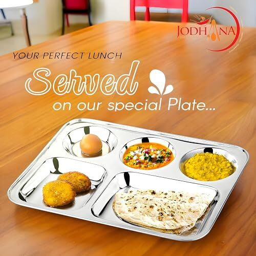 Slynuss | Stainless Steel Thali Set - 22G Heavy Partition Plates, 5-In-1 Dinner Plate, Round Multi Partiton Plate, Multi-Section Thali Plate For Lunch & Dinner, Durable And Rust Free -13X10 Inch
