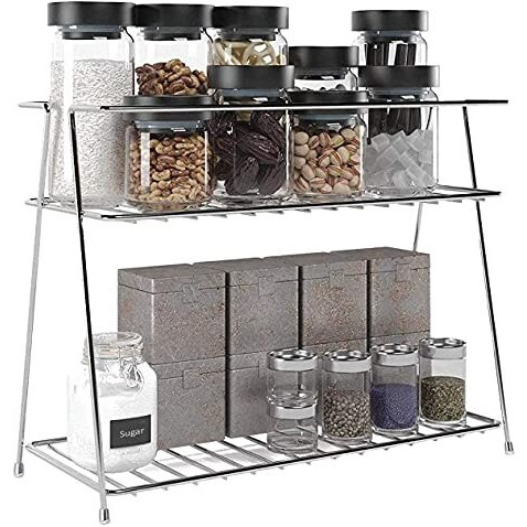 Cr18 Collection Stainless Steel Kitchen Rack, Stand, Organizer & Space Saver, 2-Tier Trolley Basket For Boxes Utensils Dishes Plates For Home (Floor Type Self), Countertop, Tabletop, Tiered Shelf
