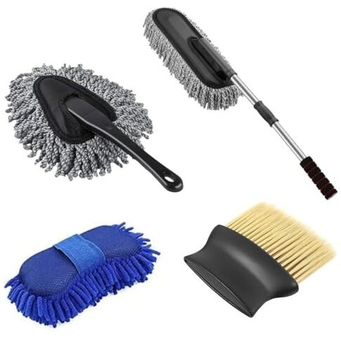 Complete Car Cleaning Kit  Scratch-Free Car Brush, Car Sponge, Mini Microfiber Duster & Long Handle Microfiber Duster For Interior & Exterior Care(Pack Of 4)