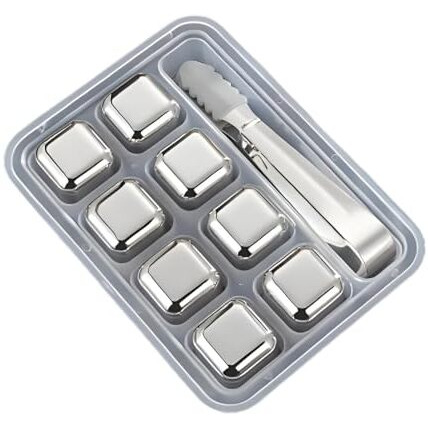 8-Pack Stainless Steel Whiskey Stones With Tongs & Container - Reusable Ice Cubes For Chilling Red Wine, Whiskey, Cocktails & More - Food-Grade Safe