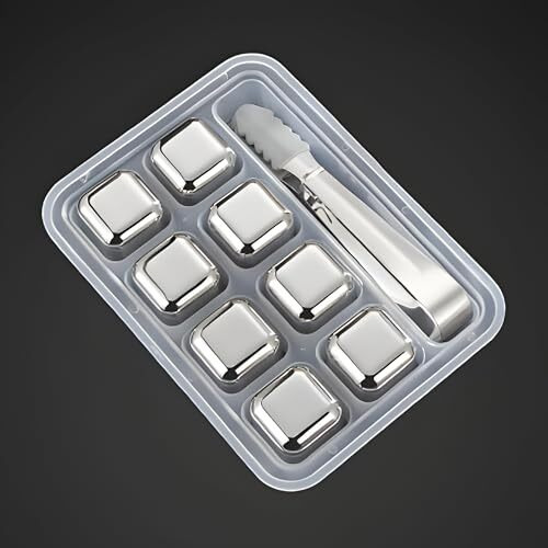 8-Pack Stainless Steel Whiskey Stones With Tongs & Container - Reusable Ice Cubes For Chilling Red Wine, Whiskey, Cocktails & More - Food-Grade Safe