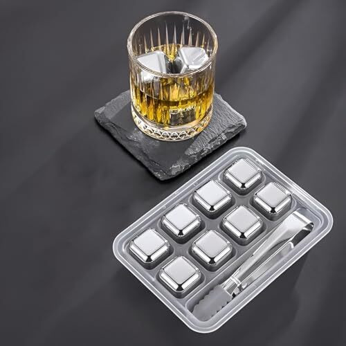 8-Pack Stainless Steel Whiskey Stones With Tongs & Container - Reusable Ice Cubes For Chilling Red Wine, Whiskey, Cocktails & More - Food-Grade Safe