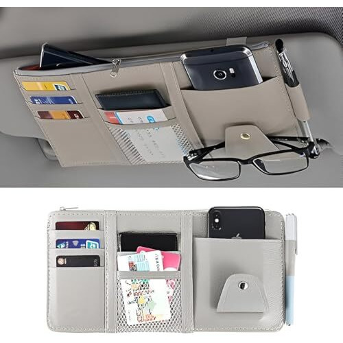 Car Sun Visor Organizer | Pu Leather Multi-Pocket Holder For Sunglasses, Pen, Cards, And Small Documents | Zipper & Net Storage Pouch(Multicolor)