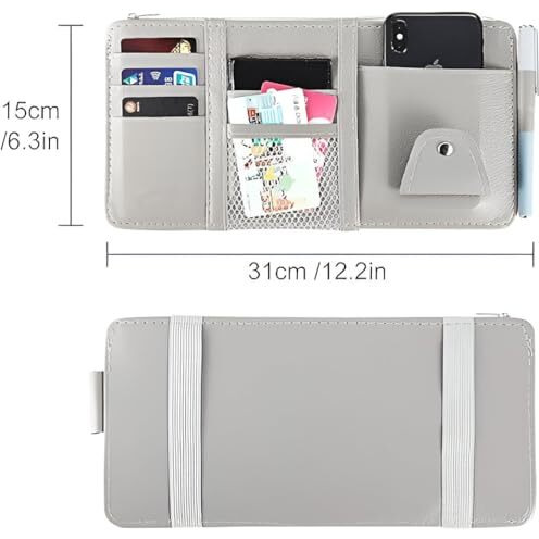 Car Sun Visor Organizer | Pu Leather Multi-Pocket Holder For Sunglasses, Pen, Cards, And Small Documents | Zipper & Net Storage Pouch(Multicolor)