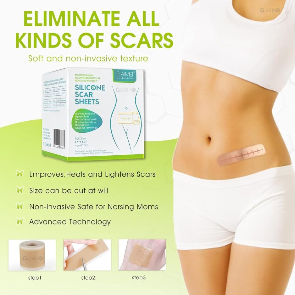 Silicone Scar Tape - Gaabho - Silicone Scar Tape Roll (1.6 X 60-1.5M), Silicone Tape For Scars, Scar Removal Strips Pads For Keloid, C-Section, Surgery, Injury,Tummy Tuck, Burn, Acne Scars (Pack Of 1)