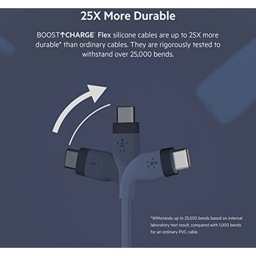 Belkin Boostcharge Flex Silicone Usb-C To Usb-C Cable (1M/3.3Ft), Mfi-Certified Charging Usb Cable For Iphone 16 Series, Samsung Galaxy Series, Google Pixel, & More With Cable Clip - Blue