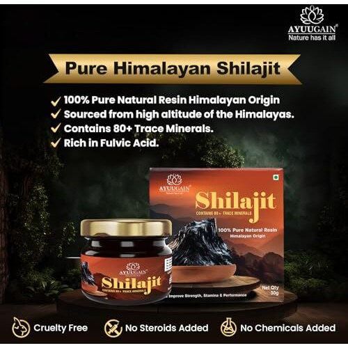 Ayuugain Shilajit Resin Original | 100% Pure Himalayan Shilajit For Men And Women | For Strength, Performance, Energy, Stamina, Endurance, Gym & Muscle Growth | Lab Tested | 120 Servings - 30G