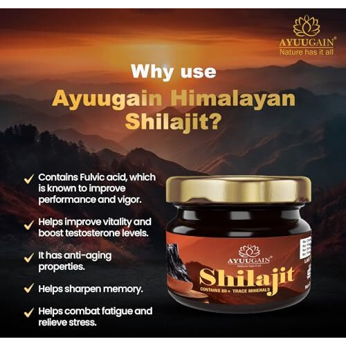 Ayuugain Shilajit Resin Original | 100% Pure Himalayan Shilajit For Men And Women | For Strength, Performance, Energy, Stamina, Endurance, Gym & Muscle Growth | Lab Tested | 120 Servings - 30G