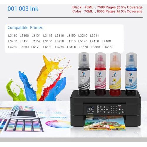 Proffisy 001 003 Ink Refill Dye Ink Bottle Compatible With Epson L3110, L3150, L4260, L4160, L3152, L3115, L3100, L3101, L3116, L3151, L3156, L1110, L5190, L4150, L14150, L6170, L6160 (4 Colors)